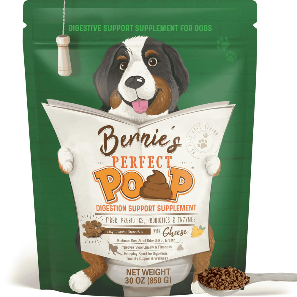 Bernie's Perfect Poop en bote sabor cheddar para apoyar la digestión del perro