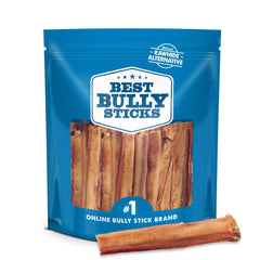 Best Bully Sticks Thick de 6 pulgadas foto de empaque, snack natural y duradero para perros grandes.