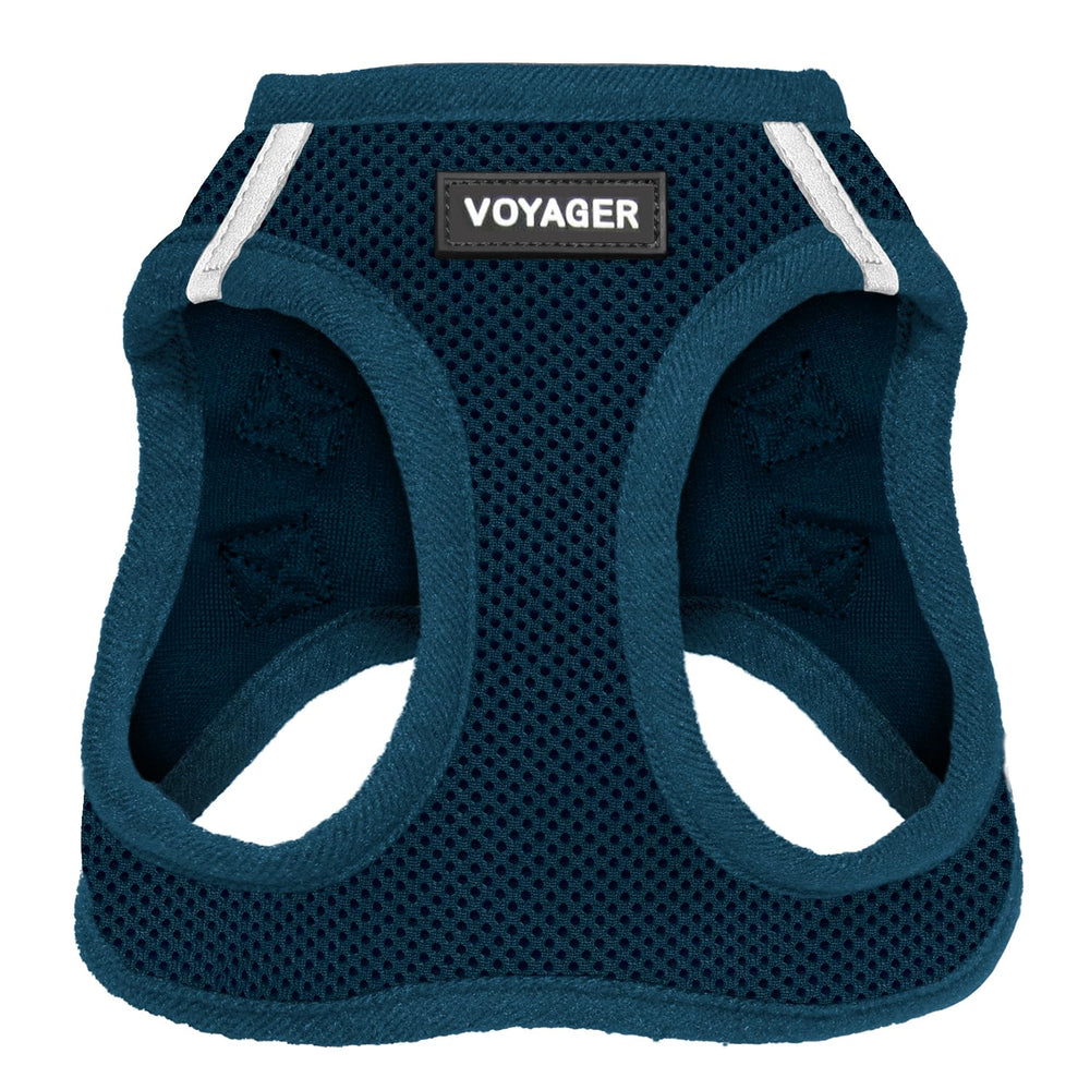 Arnés Voyager Step-in Air azul, vista frontal para ajuste cómodo en perros y gatos.