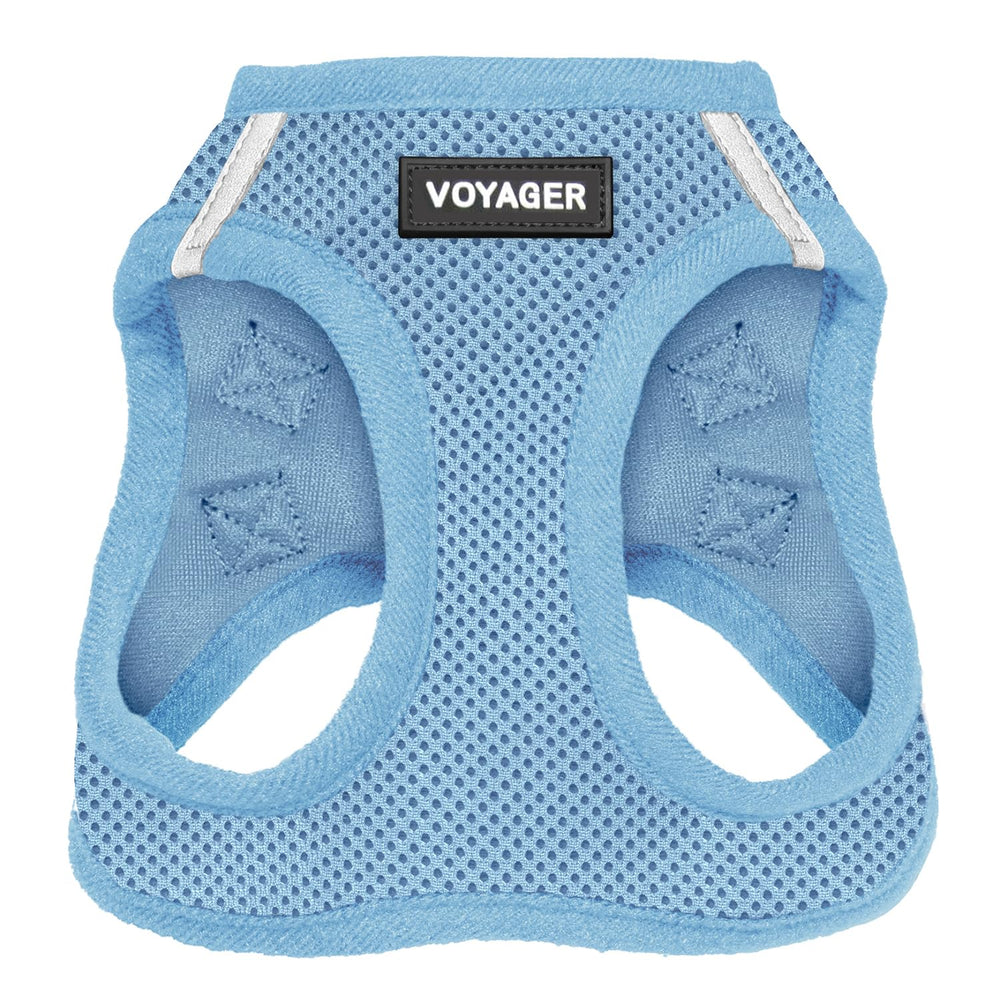 Arnés Voyager de Best Pet Supplies con malla de aire azul, cómodo para paseos diarios.
