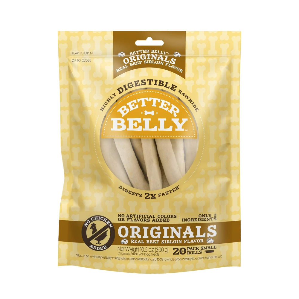 Better Belly Originals rollos pequeños sabor carne sirloin, masticables para perros pequeños.