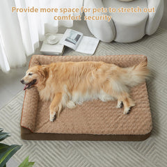 Cama para perros grandes con diseño en L y reposacabezas suave.