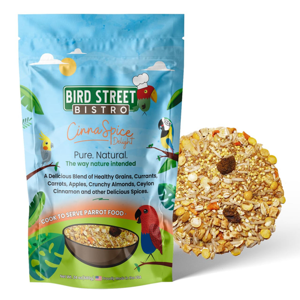 Bird Street Bistro CinnaSpice, alimento para periquitos, promueve dieta equilibrada y fácil de preparar.