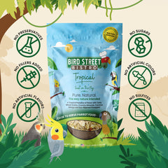 Verduras tropicales y vegetales en Bird Street Bistro para aves saludables.