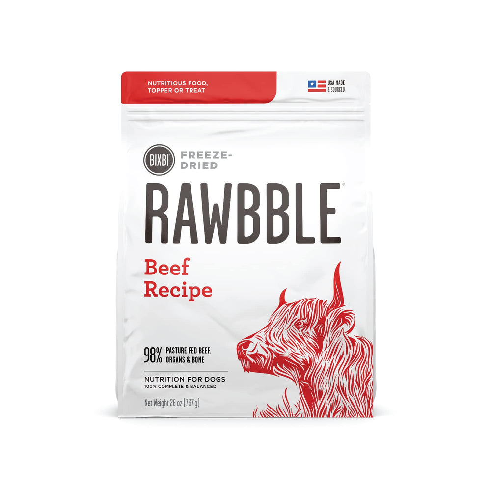 BIXBI Liberty carne liofilizada para perros activos, fuente de proteína clara.