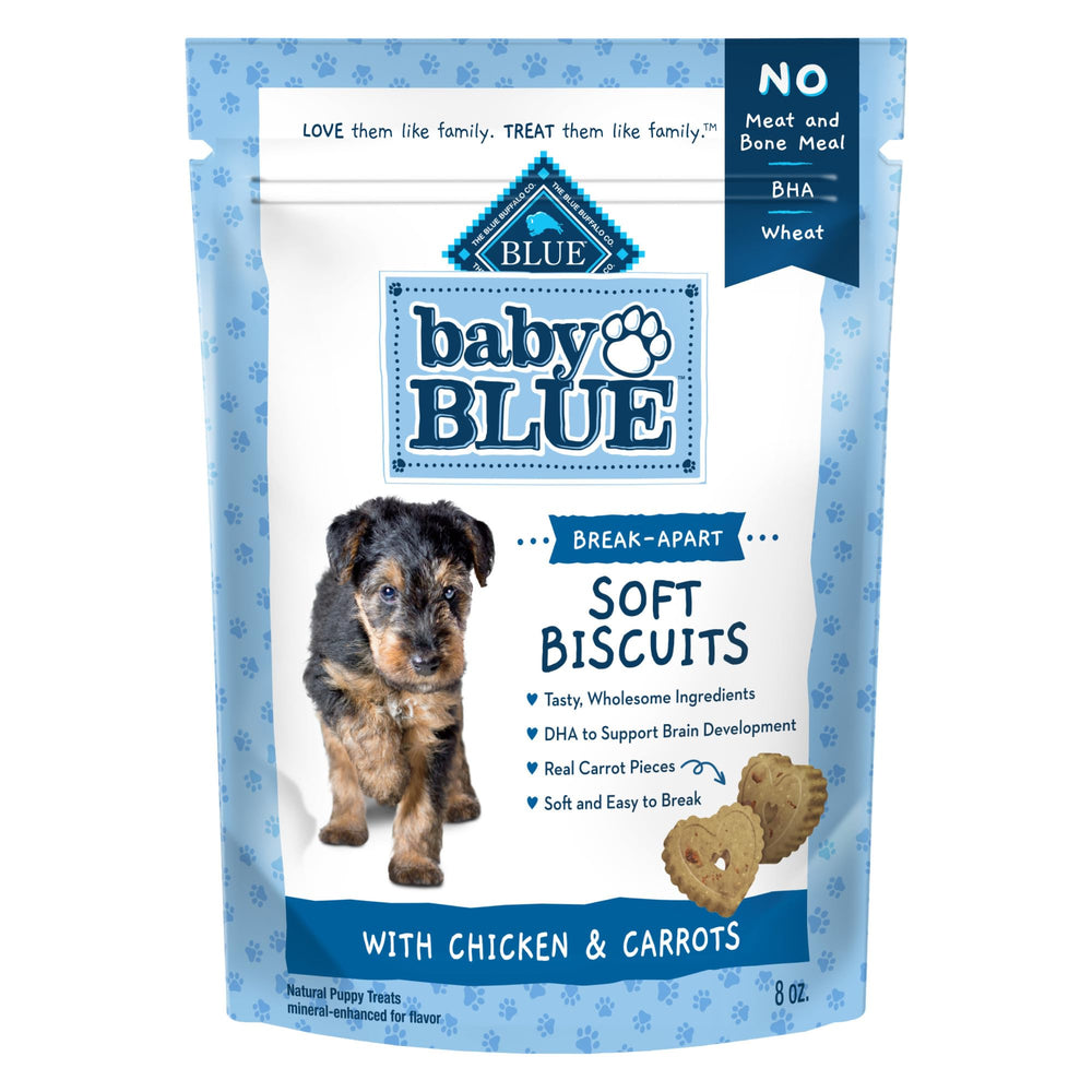 Blue Buffalo Baby BLUE galletas suaves para cachorros, sabor pollo y zanahoria.