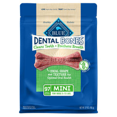 Blue Buffalo Dental Bones Mini: empaque frontal, ideal para perros pequeños.