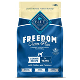 Blue Buffalo Freedom Senior, empaque visible de alimento seco para perros mayores, natural