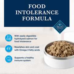 Blue Buffalo HF Hydrolyzed Salmón, etiqueta: Omega-3 para piel y pelaje saludables.