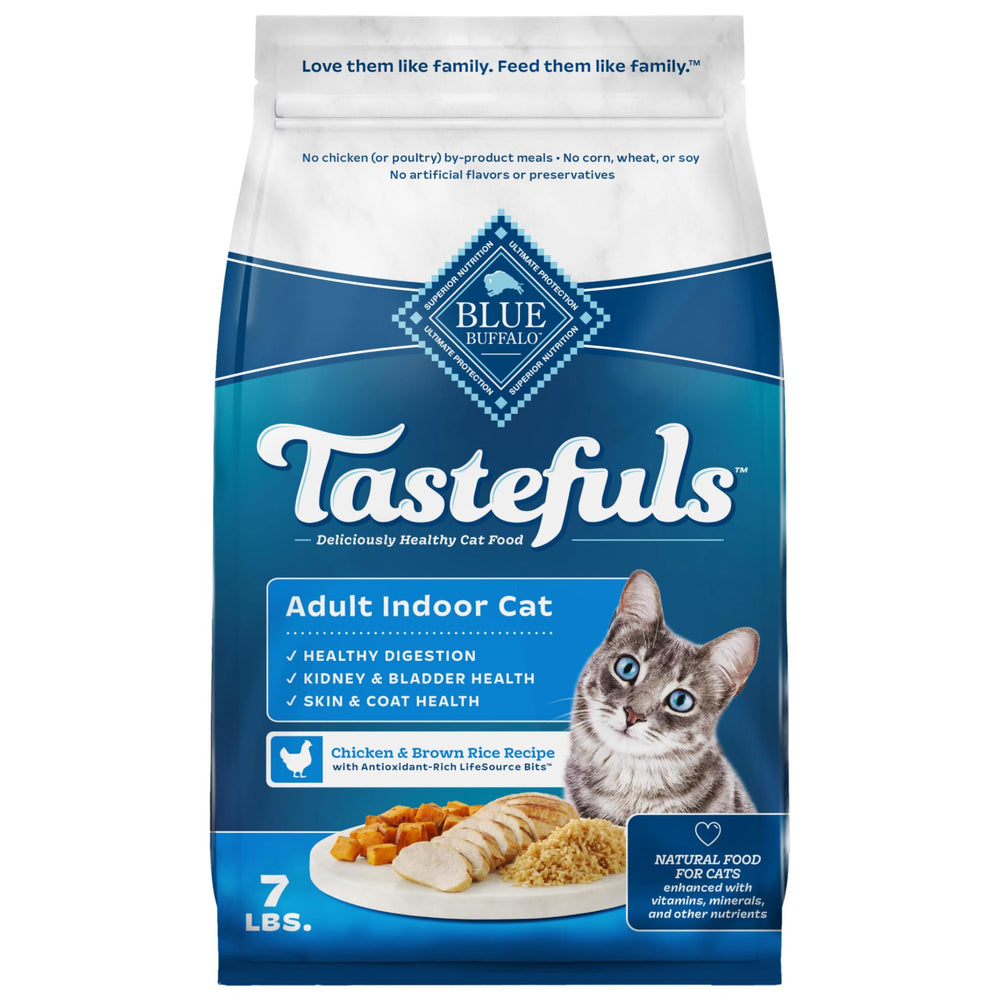 Blue Buffalo Tastefuls: alimento seco para gatos en interiores con pollo y arroz.