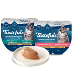 Blue Buffalo Tastefuls bandeja 2-6 oz con pez blanco y atún, porción lista para servir.