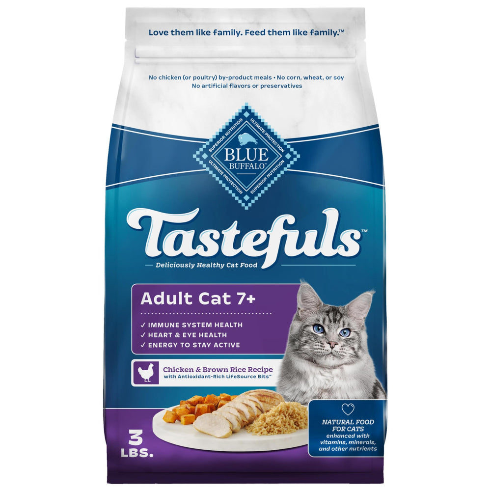 Blue Buffalo Tastefuls, bolsa de 3 libras con cierre hermético, fácil almacenamiento.