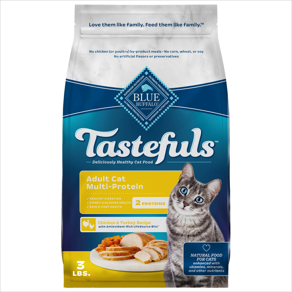 Blue Buffalo Tastefuls para gato, envase de 3 libras, práctico para alimentación diaria.