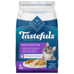 Blue Buffalo Tastefuls con pollo-arroz, ingrediente principal para gatos activos.