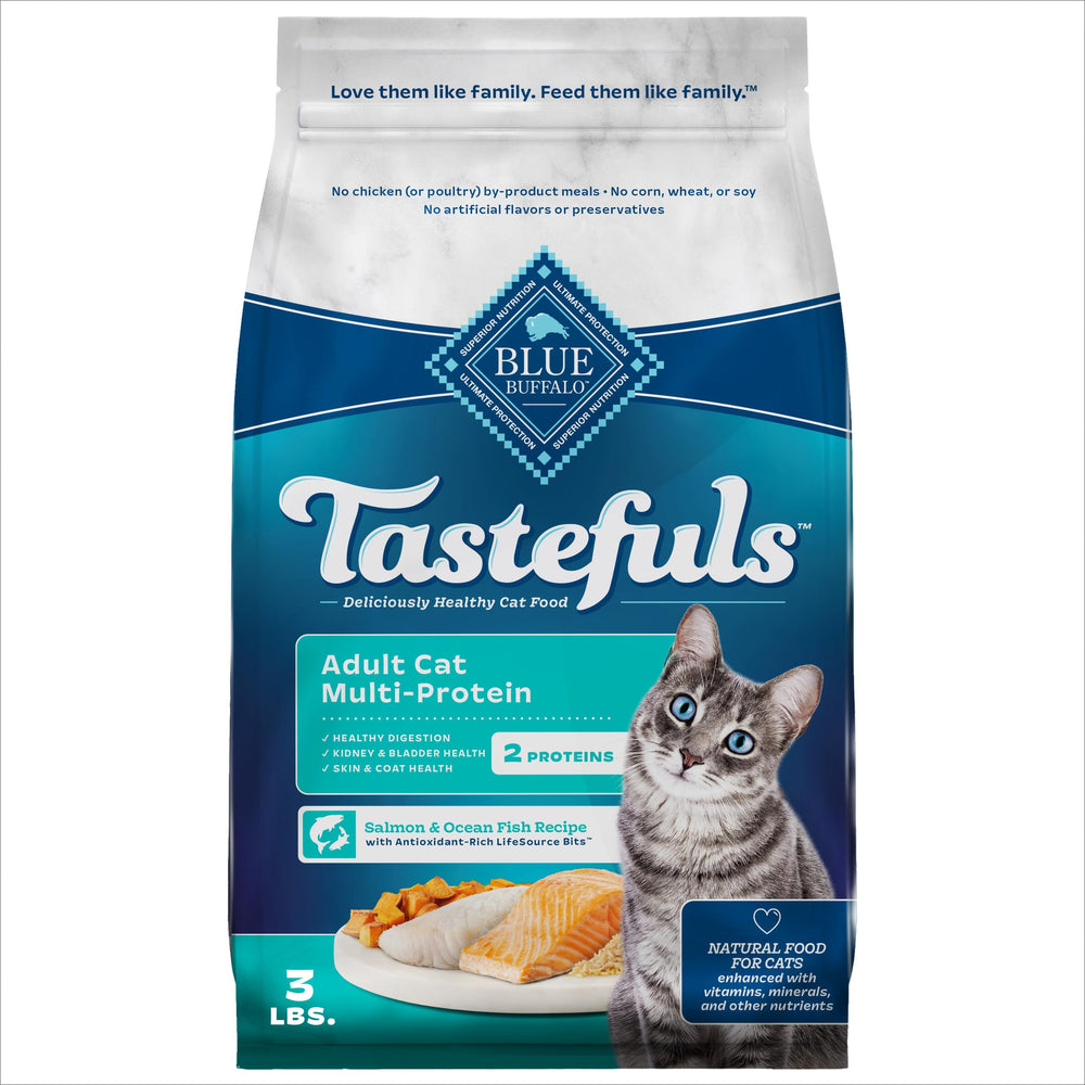 Blue Buffalo Tastefuls con salmón y pescado marino para gatos exigentes.