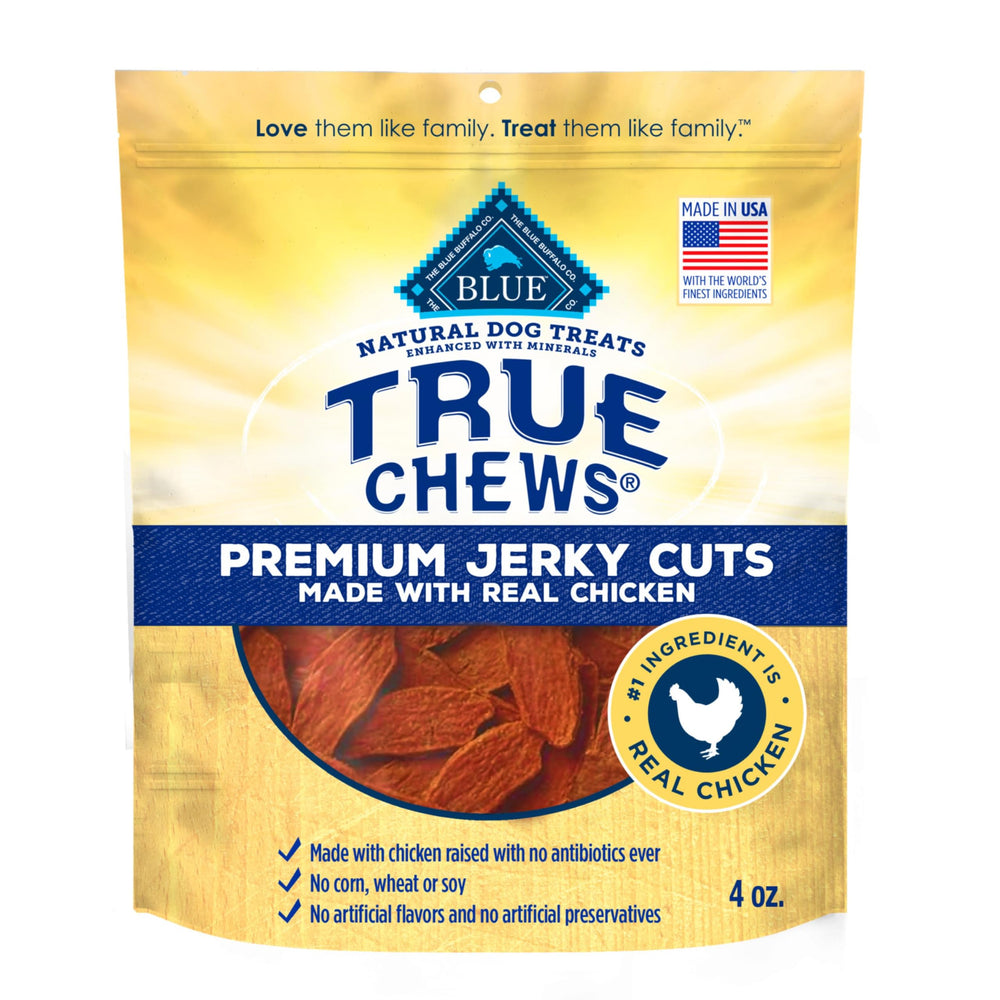Blue Buffalo True Chews: empaque con pollo real y beneficios naturales para perros.