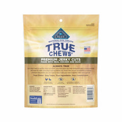 Blue Buffalo True Chews pato, etiqueta de ingredientes, opción natural para recompensas sin conservantes.