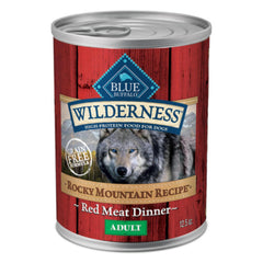 Blue Buffalo Wilderness alimento húmedo para perros con carne roja, sabor intenso y energía.