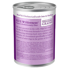 Etiqueta clara de BLUE Wilderness que destaca ingredientes naturales y alto contenido proteico