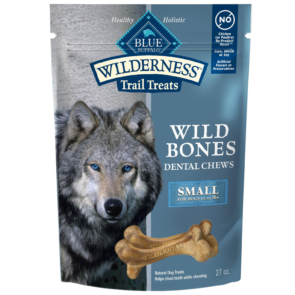 Blue Buffalo Wilderness hueso dental pequeño 27 oz, textura crujiente para limpiar dientes.
