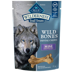 Blue Buffalo Wilderness Huesos Mini Dental, imagen de empaque, ayuda a frescura y limpieza dental.