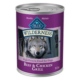 Blue Buffalo Wilderness ternera primer ingrediente, alimento húmedo para perros con proteína de calidad.