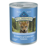 Blue Buffalo Wilderness para cachorros con pavo y pollo, textura jugosa en cada lata.