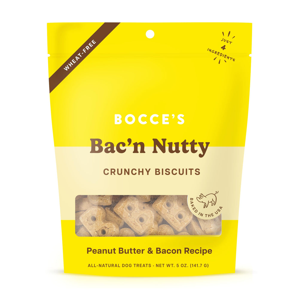 Bocce's Bakery biscitos tocino y maní para perros, ideal como premio diario.