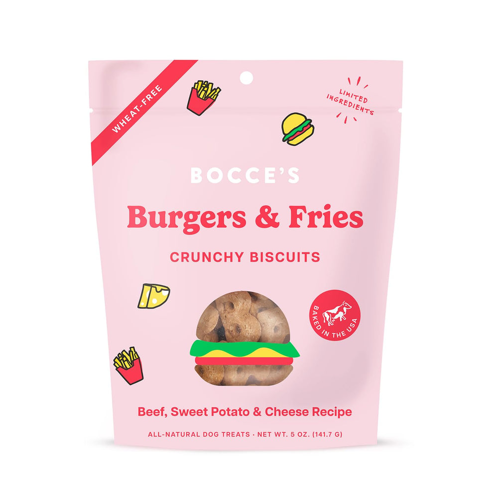Bocce's Bakery galletas sin trigo con sabor hamburguesa y papas para premio diario para perros