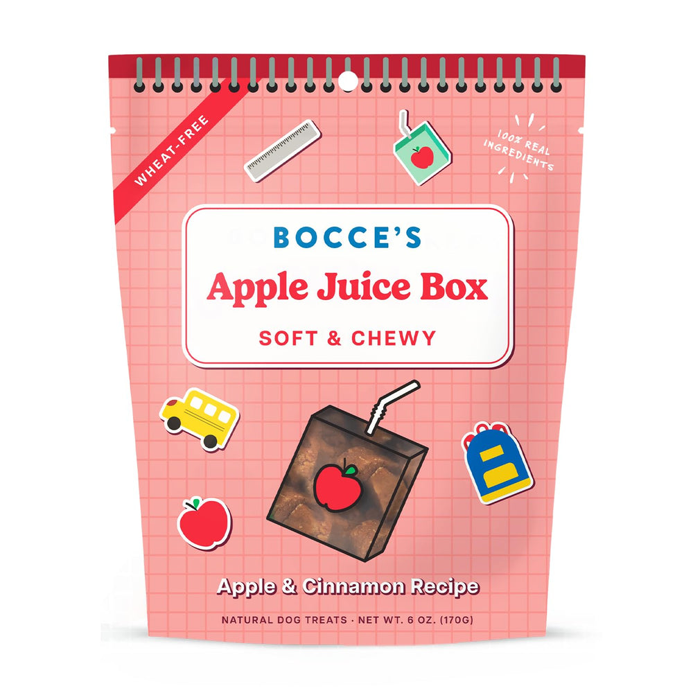 Galletas Bocce's Bakery para perros en caja de jugo de manzana, listas para llevar