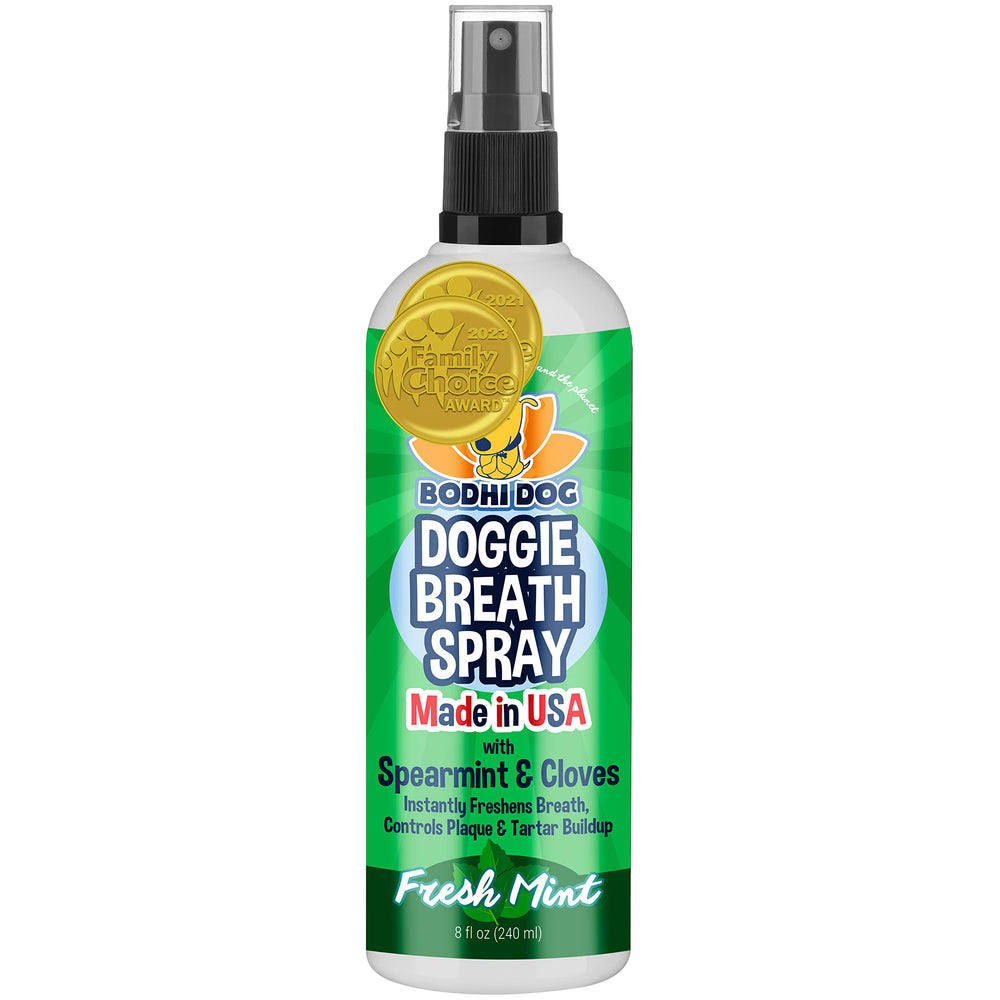 Bodhi Dog spray aliento natural, frente de la botella, mejora frescura bucal.