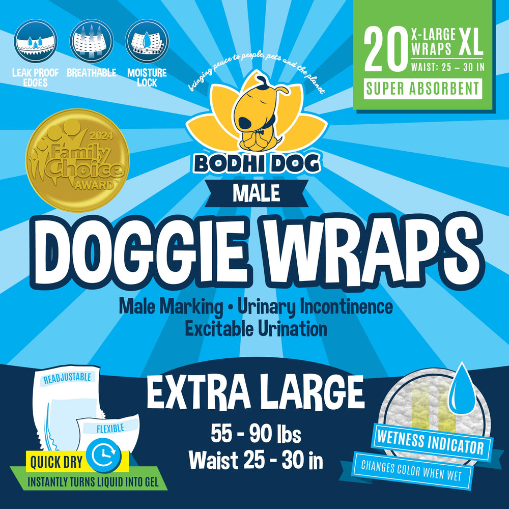 Pañales Bodhi Dog macho: absorción extrema para perros grandes, mostrado en etiqueta y referencia de uso.