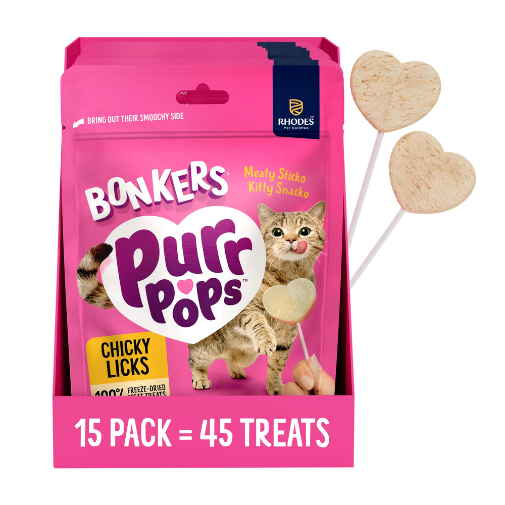 Empaque de Bonkers Purrpops con 15 unidades listo para premiar al gato