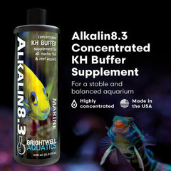 Brightwell Aquatics Alkalin8.3: etiqueta con instrucciones para dosis precisa.