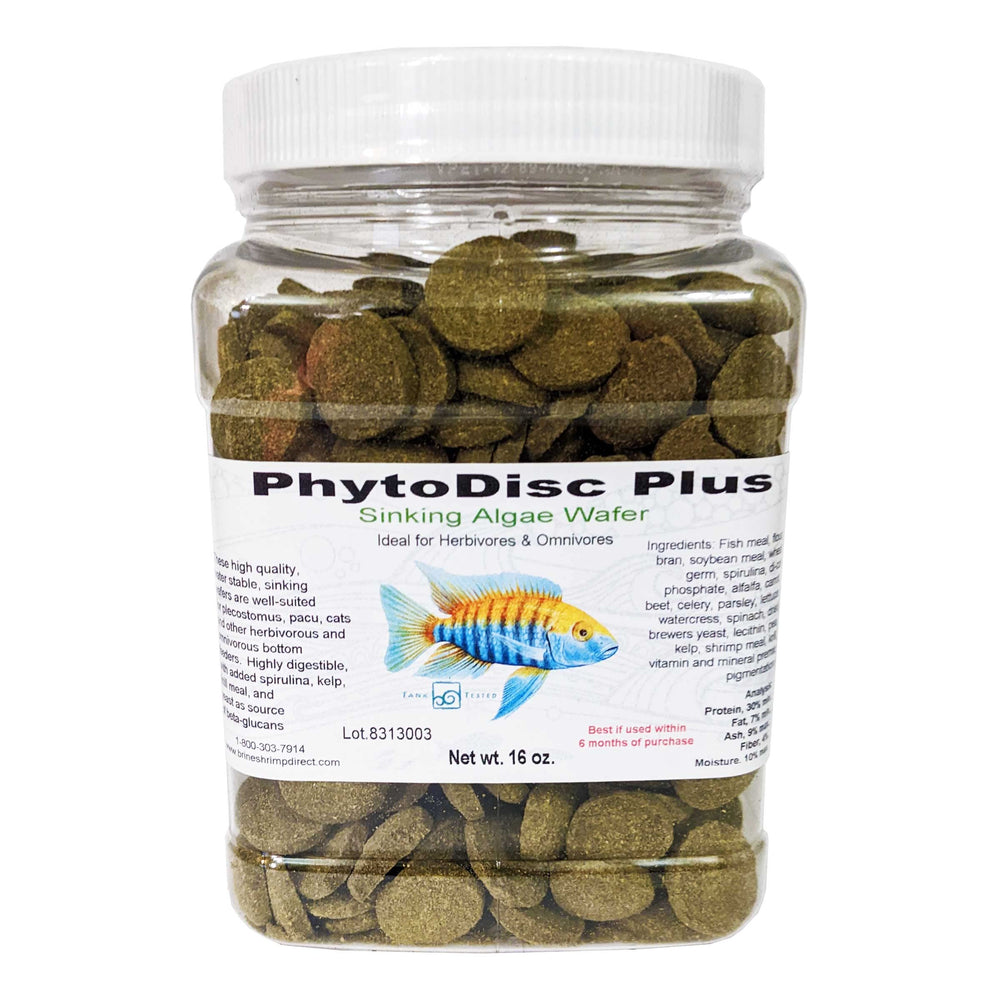 Brine Shrimp Direct PhytoDisc Plus empaque visible, alimento hundible con spirulina para peces bottom feeders.