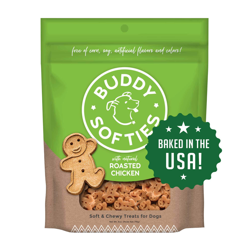 Buddy Biscuits pollo asado: textura suave en bolsa, ideal para perros mayores.