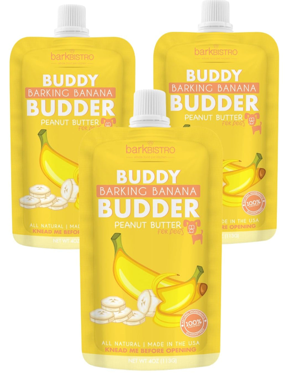 Buddy Budder Barkin Banana ofrece porciones de 4 onzas listas para snack rápido.