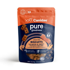 CANIDAE Pure galletas salmón batata con empaque frontal para ver el contenido