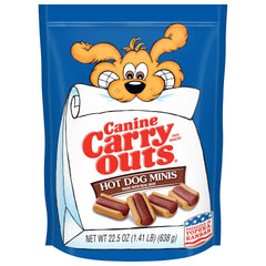 Canine Carry Outs Hot Dog Minis muestra la bolsa exterior para premiar al perro.