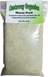 Castaway Organics Alimento para lombrices, envase vertido, nutrición para vermicompostaje exitoso.