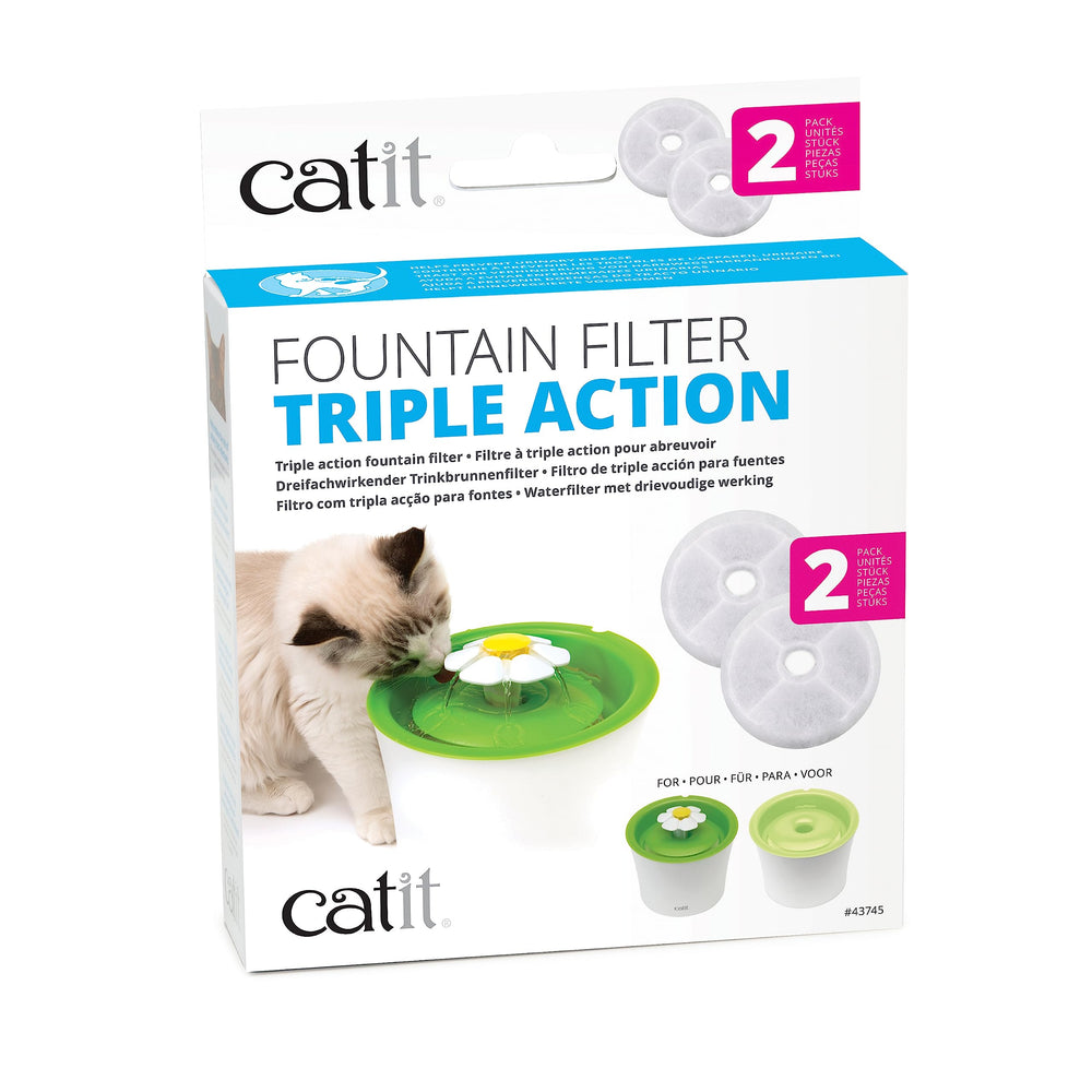 Filtros Catit de acción triple para fuentes de gatos, purifican y suavizan el agua.