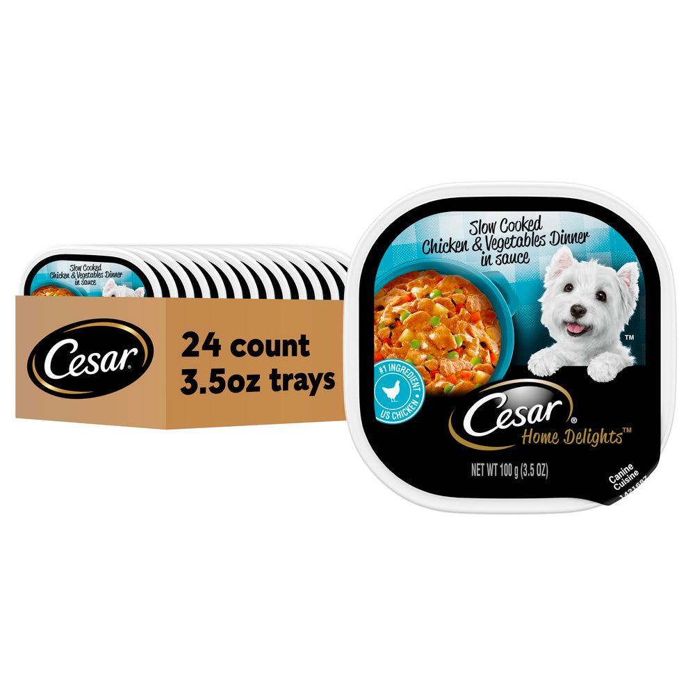 Cesar Home Delights, bandeja pollo-verduras, proteína real para perros activos