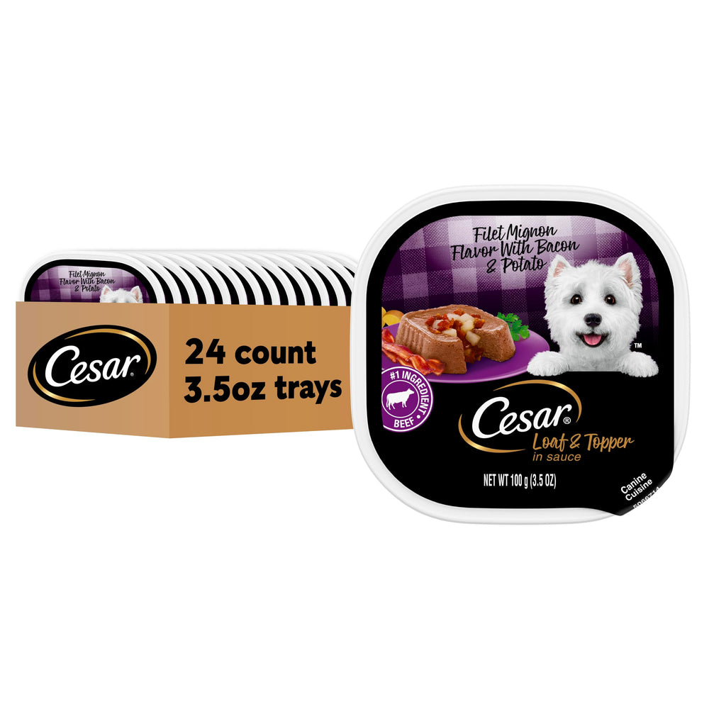 Cesar alimento húmedo en bandeja de 3,5 oz, sabor filete mignon con tocino y patata.