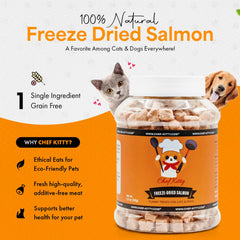 Chef Kitty acercamiento de salmón liofilizado, sabor intenso para perros y gatos.