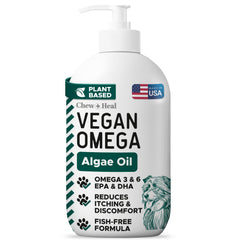 Chew + Heal Labs Aceite Omega 3 vegano para perros en botella de 8 oz, piel saludable.