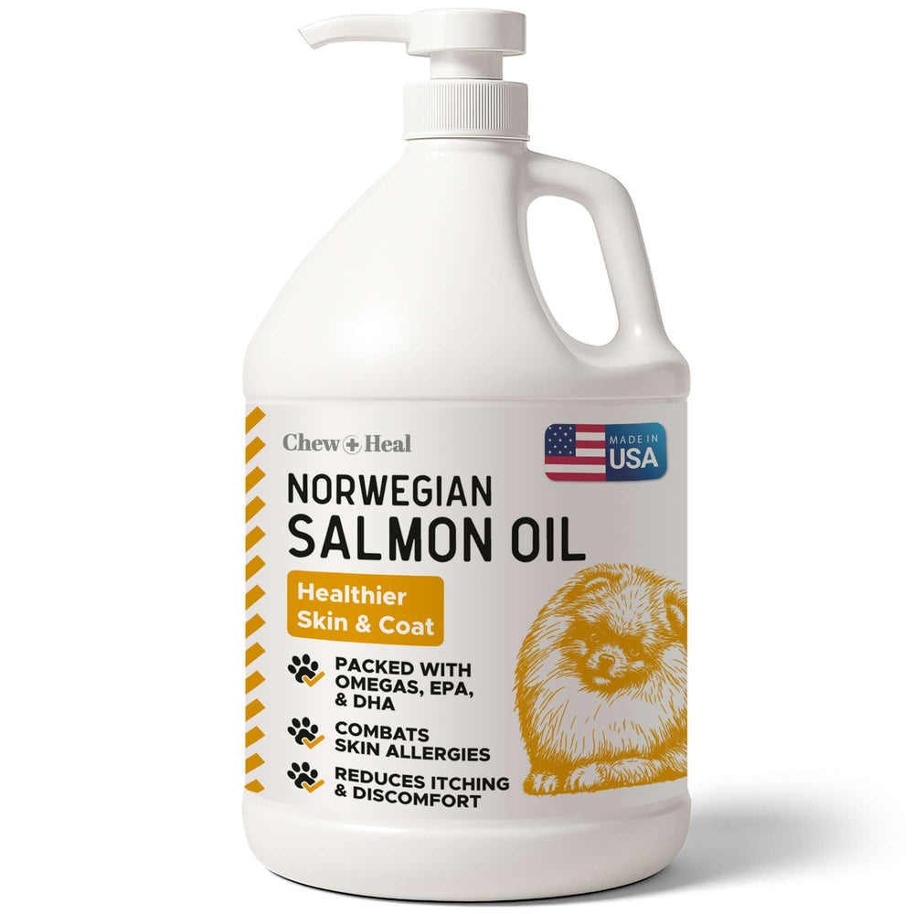 Chew + Heal Labs Aceite de Salmón para Perro, botella para pelaje brillante.