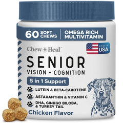 Chew + Heal Labs, botella de sabrosos comprimidos masticables, apoyo para ojos y memoria canina.