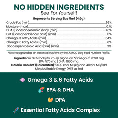 Chew + Heal Labs etiqueta destaca omega-3 vegano para piel y pelaje saludables.