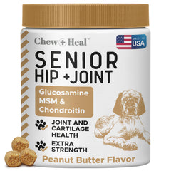 Frasco de Chew + Heal Labs con glucosamina para perros, apoyo a articulaciones.