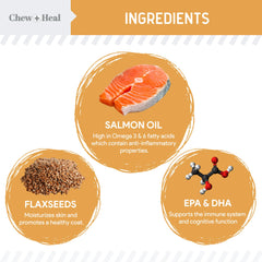 Chew + Heal Labs Omega-3 para perros, masticables sabor salmón, piel y pelaje brillantes.
